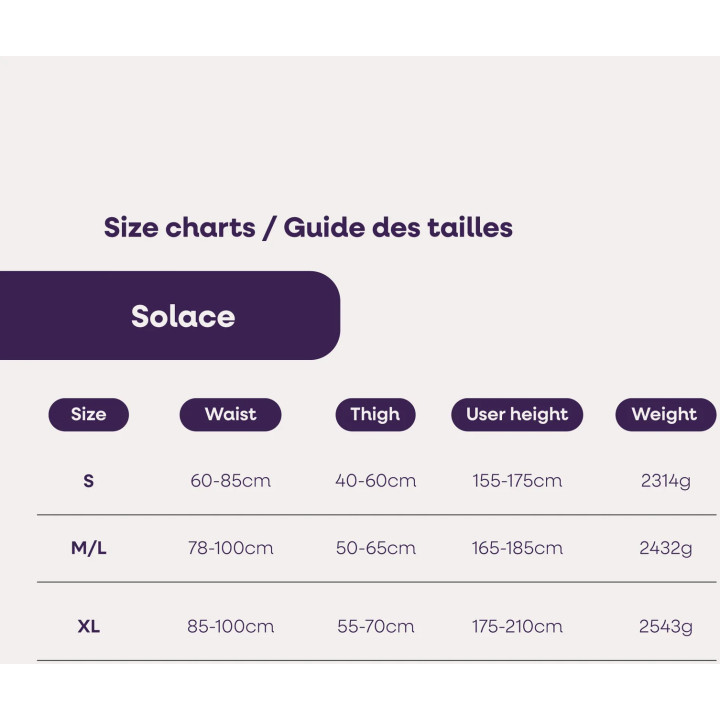 Harnais 3 en 1 SOLACE - Guide des tailles