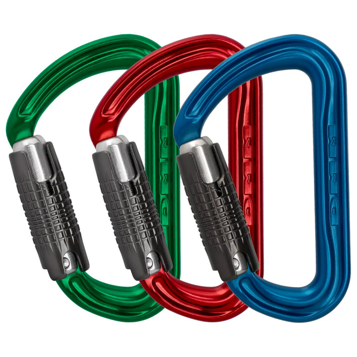 Mousqueton DMM Shadow Locksafe – lot de 3 (bleu, rouge, vert)