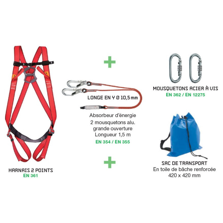 Kit antichute échafaudage - harnais 2 points et longe en Y à absorbeur