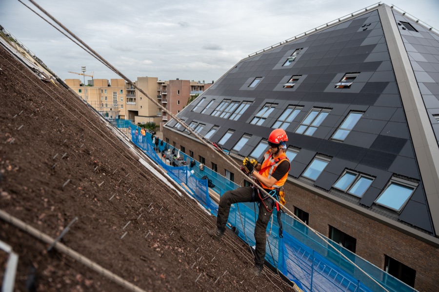 Cordiste utilisant une ligne de vie horizontale sur une toiture